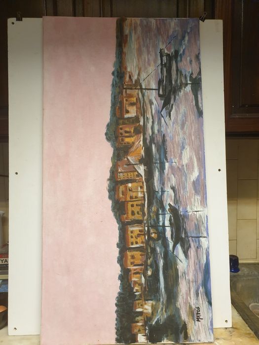 antiga pintura de paisagem fluvial em óleo sobre tela-assinada MATOS