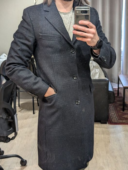 Мужское пальто H&M S/M приталенное, тёплое (61% шерсть)