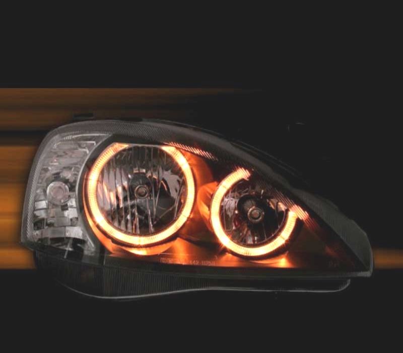 FARÓIS FRONTAIS ANGEL EYES PARA OPEL CORSA C 00-06 FUNDO PRETO H7-H7