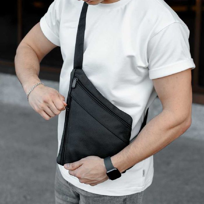 Чоловіча сумка з натуральної шкіри, сумка через плече чорна шкіряна