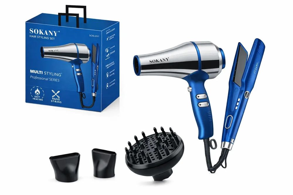Набор для волос 2 в 1 Sokany Синий SK-14036, Утюг для волос, Фен и вып
