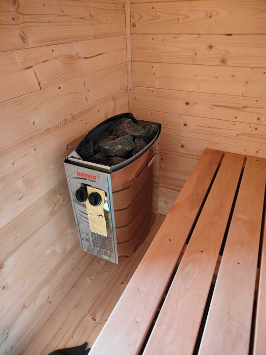 sauna sucha fińska | ogrodowa, z przedsionkiem, domkiem narzędziowym