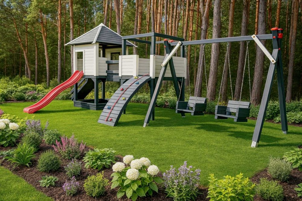 Plac zabaw drewniany domek, mostek, huśtawki, zjeżdżalnia