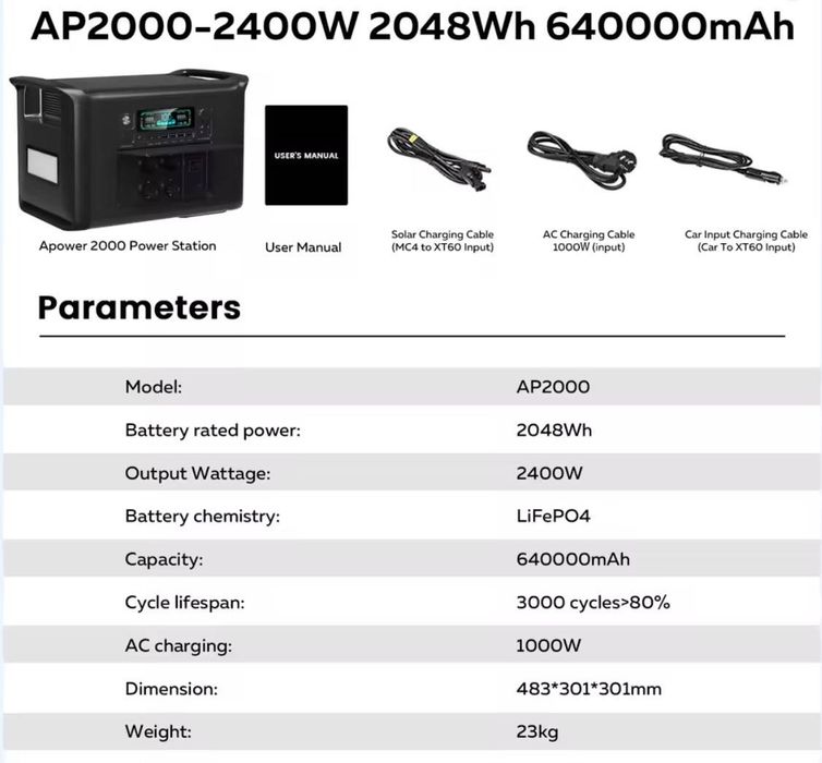 Портативна зарядна станція Apower2000,2400Вт 2048 Вт/год зарядка 2 год