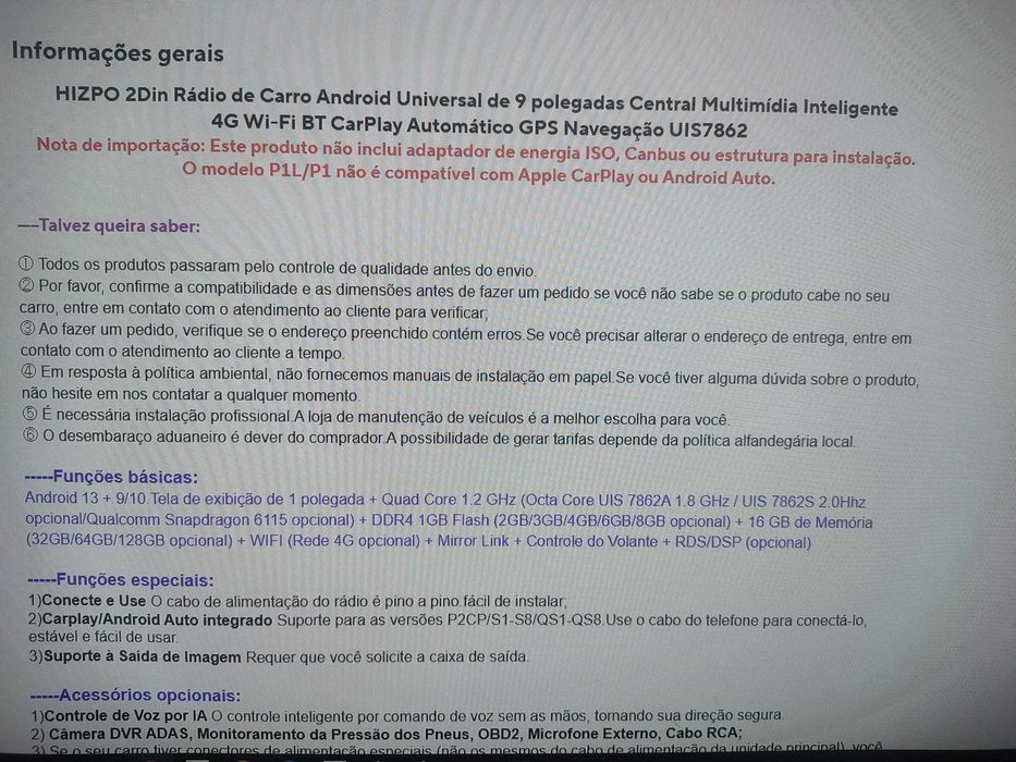 Rádio Android com GPS P2CP 4Core 2G 32G