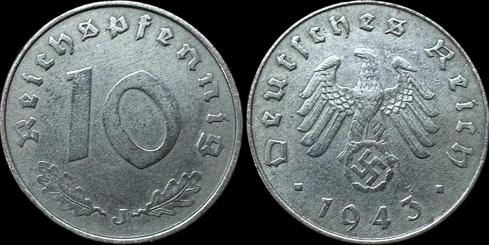 10 Reichspfennig - 1943 - Alemanha - J - Hamburgo (Zinco) Muito Rara