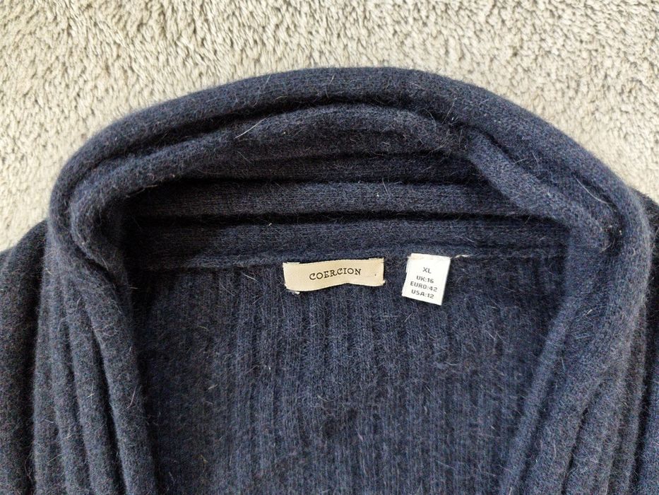 Luksusowy Granatowy Kardigan COERCION 50% Angora roz XL asymetryczny