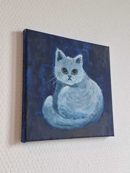 Ręcznie malowany obrazek z kotkiem akryl na płótnie 20x20 cm