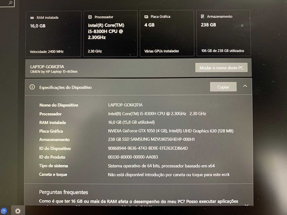 HP OMEN i5-8300H - GTX 1050 4GB - 16GB RAM - SSD NVMe 256GB