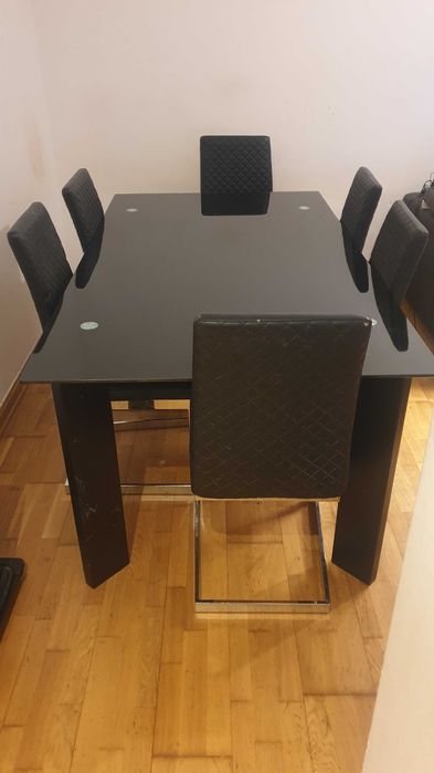 Mesa de jantar vidro preto 180x100 + 6 cadeiras (Massamá)