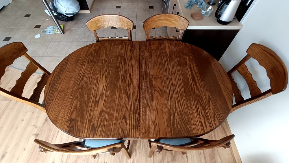 Stół dębowy rozkładany + 6 krzeseł