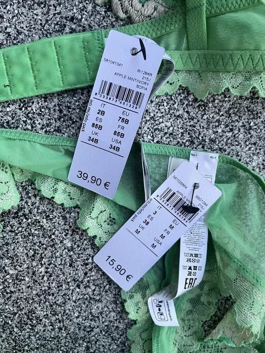 Intimissimi nowy zielony komplet biustonosz 75B majtki brazyliany M