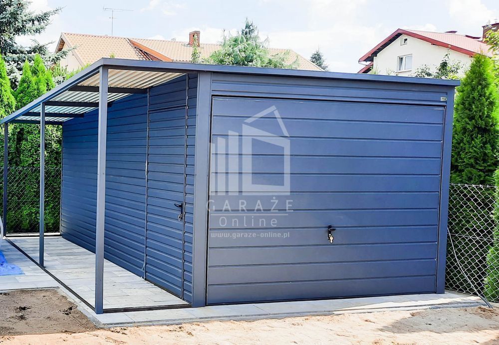 GARAŻ BLASZANY 3x5 + wiata 1m. spad tył - Brama antracyt grafit ID162