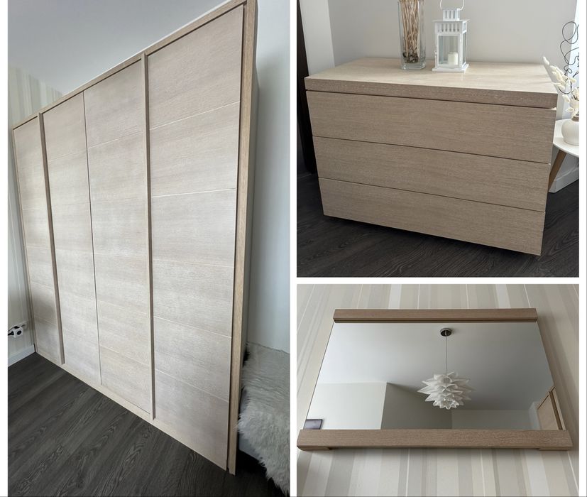 Zestaw mebli Paged Romance – szafa 4-drzwiowa + komoda + lustro | naturalna okleina drewniana
