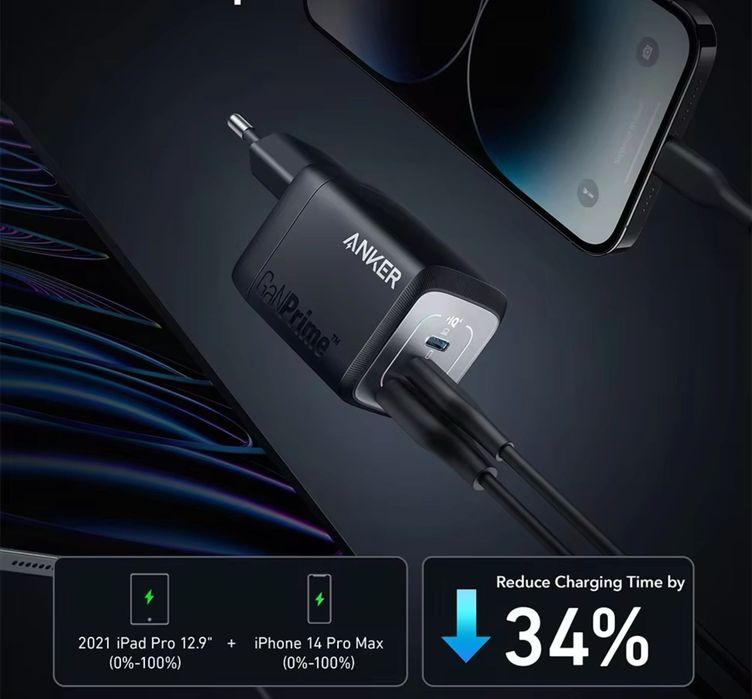 Швидкий зарядний пристрій ANKER GaNPrime™ 67W. Складна вилка. A2669.