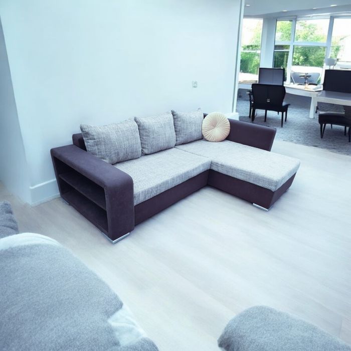 Narożnik brąz/ jasne capucino z funkcją spania rozkładany używany tran