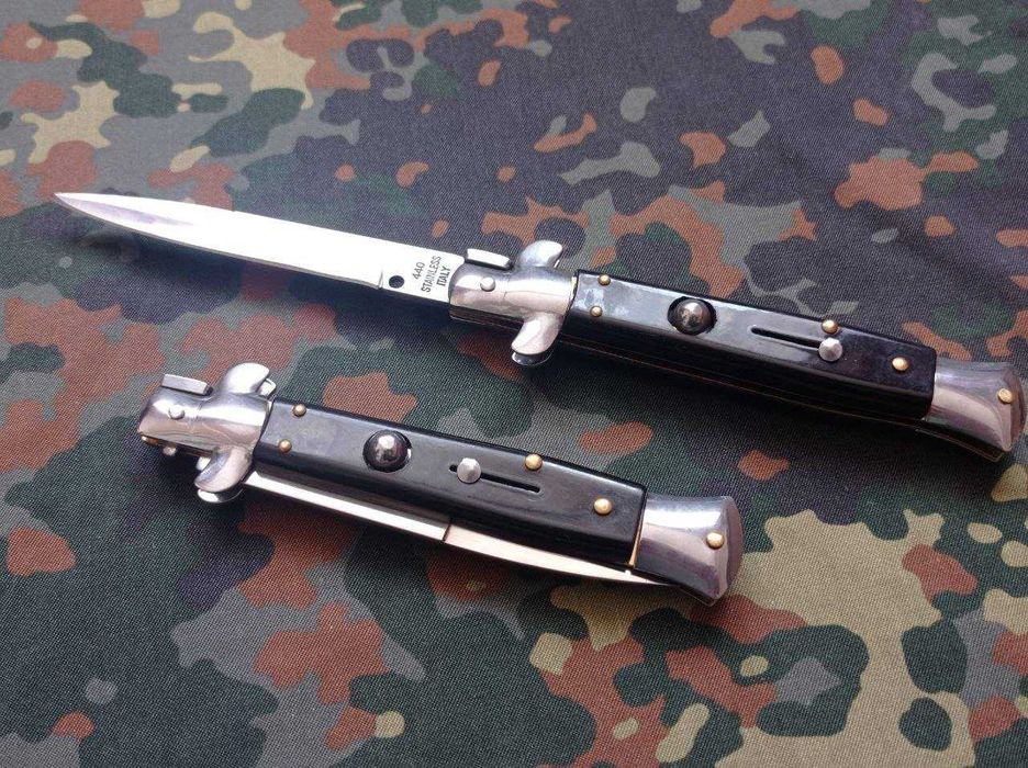 Туристичний складний викидний ніж стилет AKC Stiletto 440 Steinless Italy Black 25см,ніж для туризму з автоматичним пружиним викидом леза