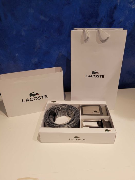 Czarny męski skórzany pasek Lacoste z dwiema klamrami