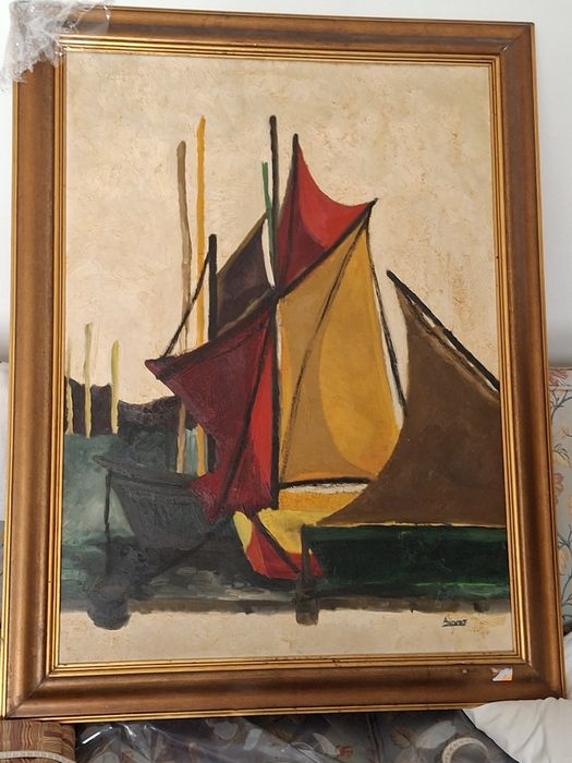 Barcos excelente grande quadro tela a oleo  emoldurado 102 x 75