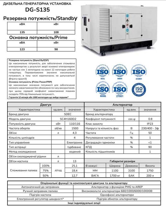 Генератор дизельний 98 кВт ном потужність, 135 кВА (SDEC)