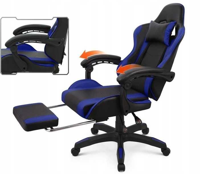 NOWY Fotel GAMINGOWY Biurowy Ekoskóra Obrotowy Niebieski z PODNÓŻKIEM