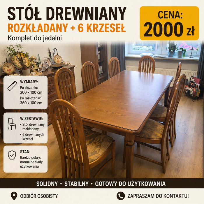 Stół drewniany rozkładany + 6 krzeseł – komplet do jadalni | 2000 zł