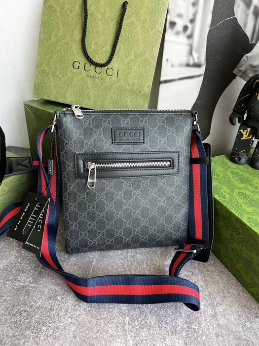 Сумка мессенджер чоловіча Gucci Гуччи гучі GG мужская чорна шкіряна LV