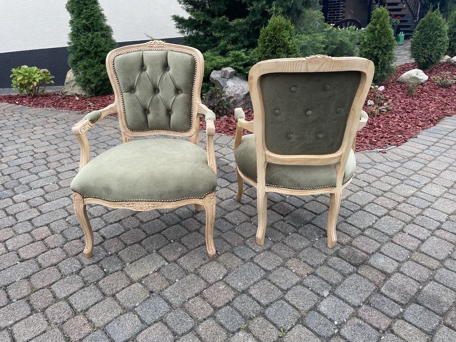 Fotel ludwikowski dąb drewno granat zieleń ława Ludwik XV renowacja