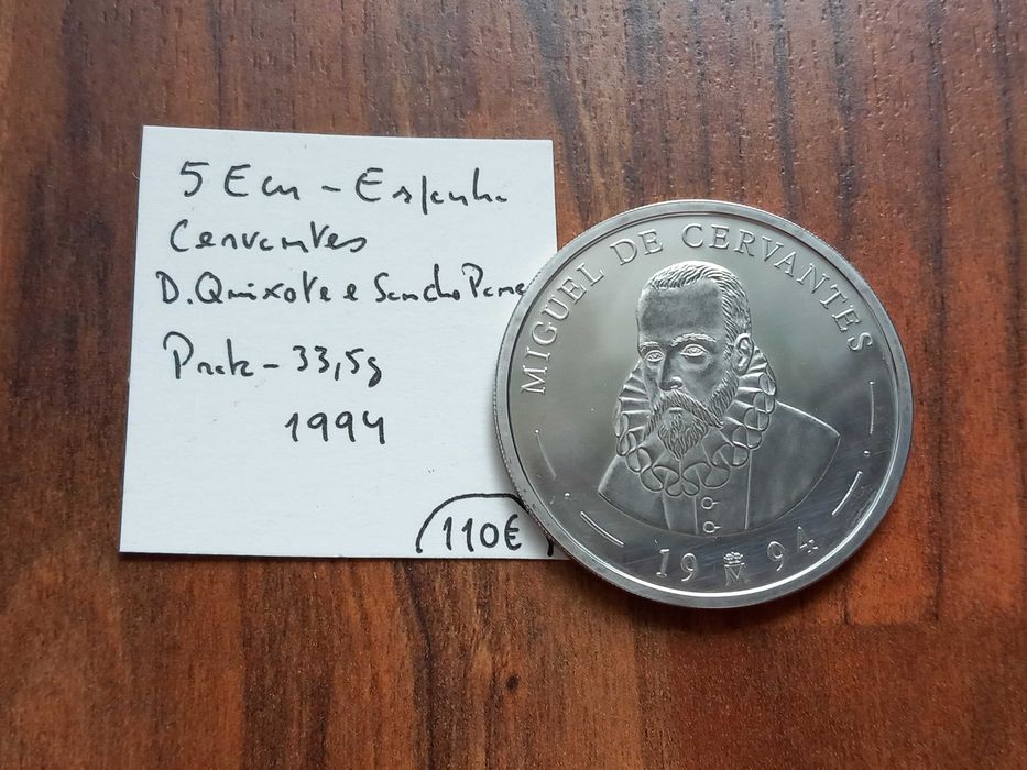 Moeda 5 Ecu 1994 Espanha  - D. Quixote e Sancho Pança