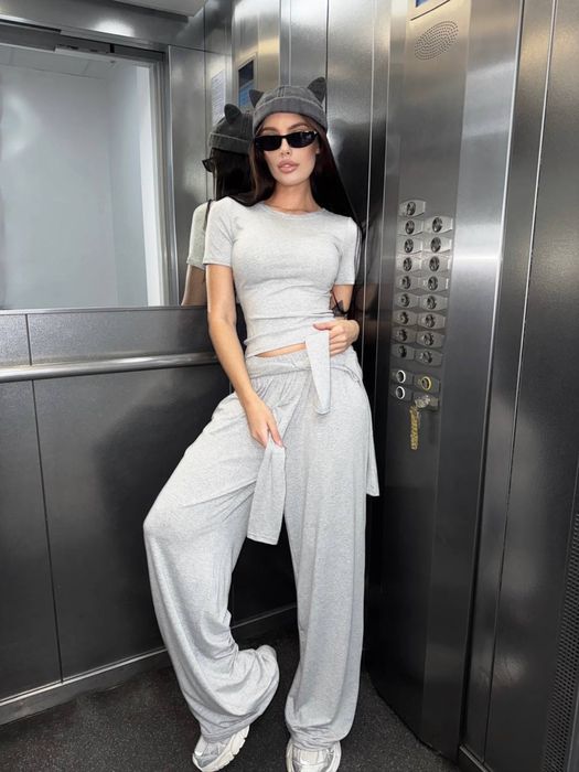 Жіночий комплект трійка  футболка+лонг+штани плаццо, футболка скімс