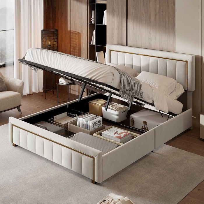 Cama c/ estrado elevatório Bege e Dourada