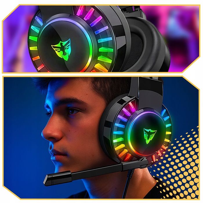 Słuchawki Gamingowe Dla Graczy Przewodowe Z Mikrofonem Rgb Pc Nauszne