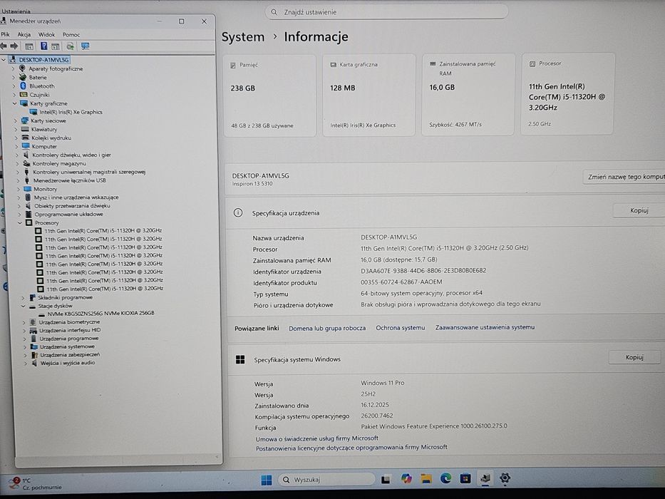 Laptop biznesowy Dell Inspiron 13 2K/i5-11320H/16 Ram/256 NVME/Win11 P