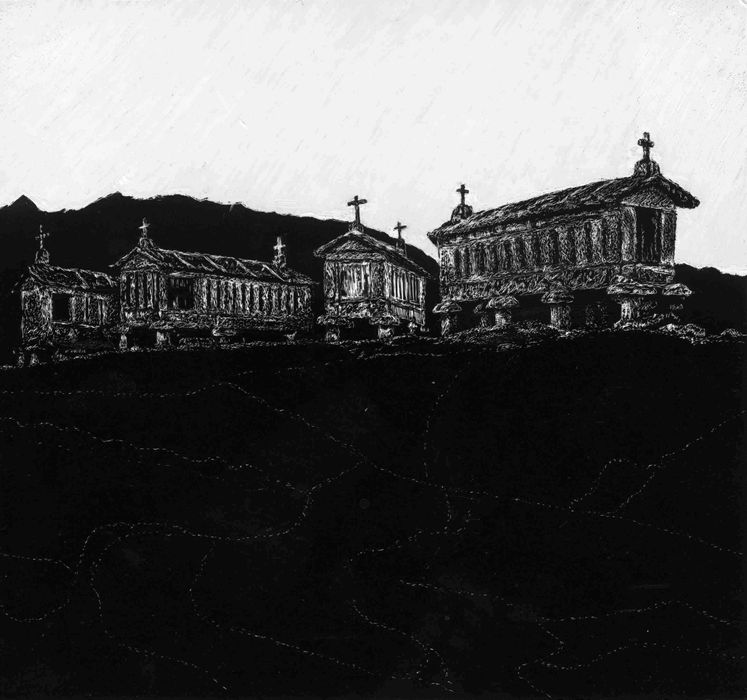 Desenho scratchboard espigueiros Soajo paisagem Norte Portugal arte