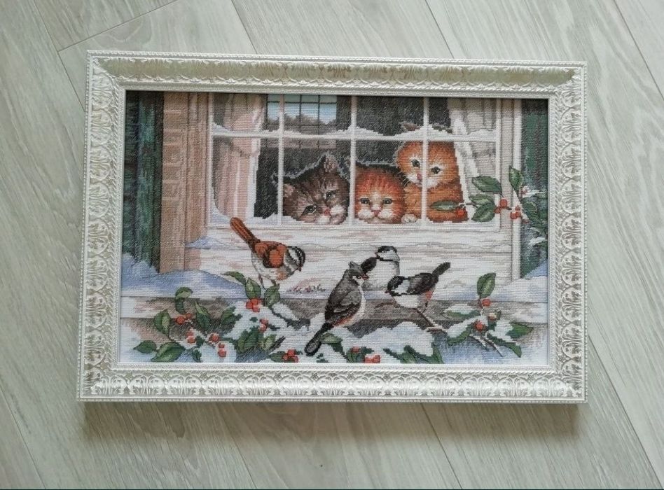 Картина вишита хрестиком вишивка хрестом Зима Коти ручна робота декор