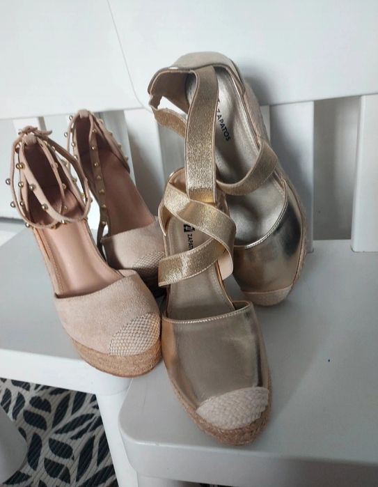 Zestaw 2 pary sandały espadryle na koturnie beżowe i złote r.38