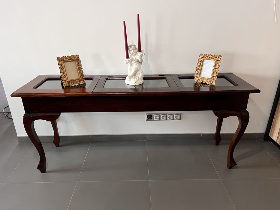 Toaletka, konsola, stolik drewniany ze szklanym blatem