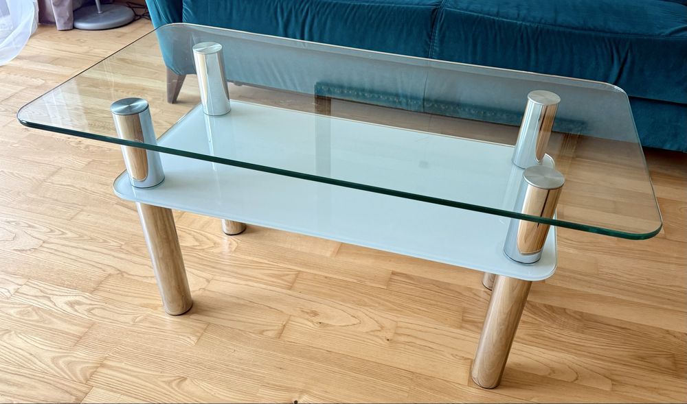 Nowoczesna ława szklana 100x50x50 cm | 2 poziomy | Chromowane nogi