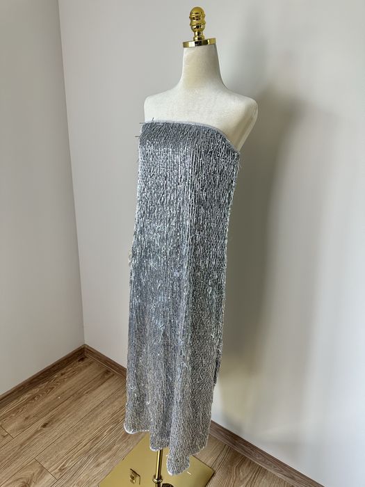 Cekinowa sukienka midi ASOS rozmiar 44 srebrna frędzle cekiny