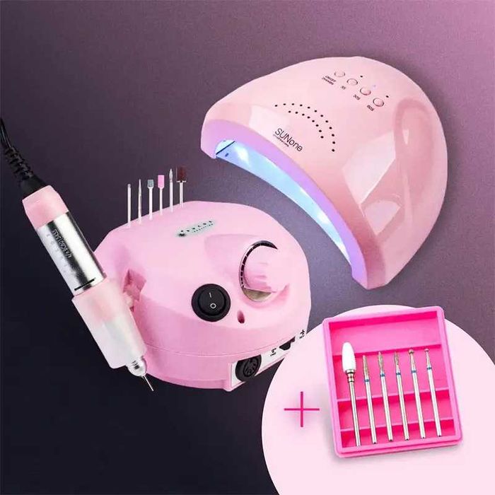 Набір для манікюру (РОЖЕВИЙ): лампа SUN ONE, фрезер ZS-601, набір фрез