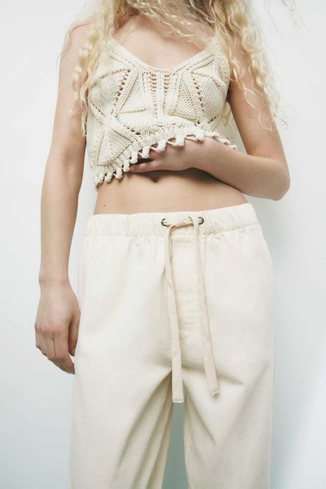 Zara Spodnie bawełniane ecru XS