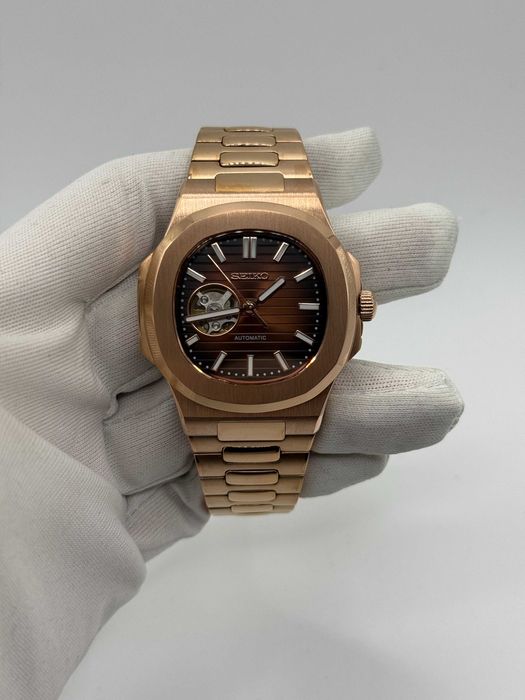 Seiko Mod Zegarek Nautilus Open Heart Rose Gold