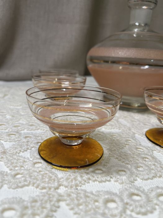 Vintage zestaw do nalewek karafka i 5 kieliszków szkło kolorowe PRL#22