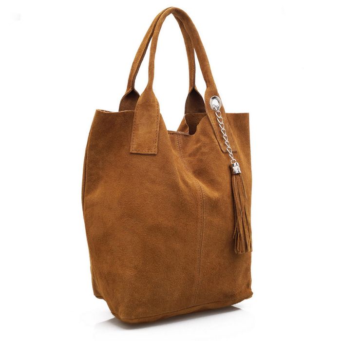 VERA PELLE torebka zamszowa worek shopper z saszetką V093 c.brązowa