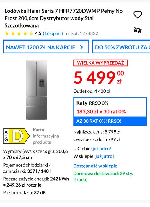 Sprzedam lodowke Haier 70cm szerokosci