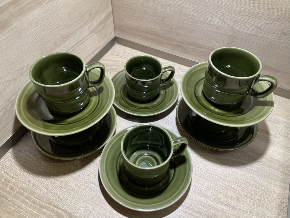 Tułowice „Ania” 6 filiżanek i 6 spodków piękny zielony porcelit PRL