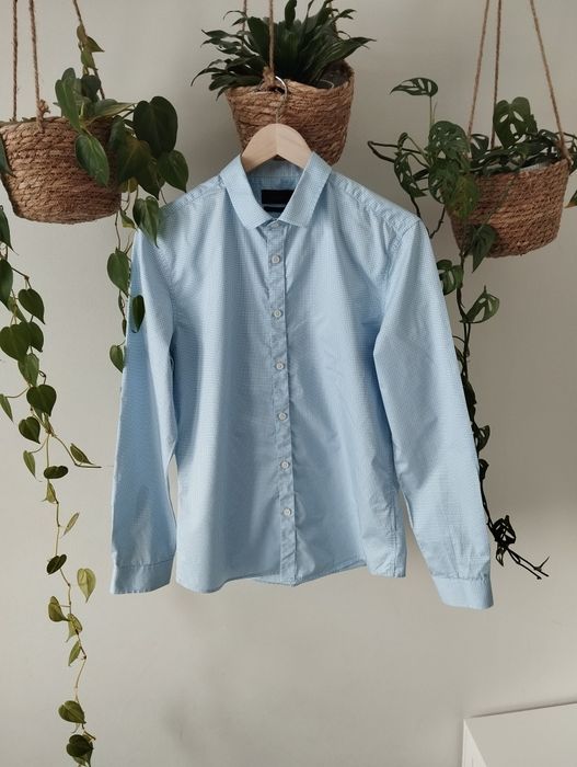 Bawełniana koszula męska, błękitna, w groszki, slim fit r.S/M Selected