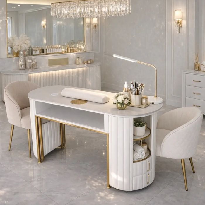 Białe złote srebrne biurko kosmetyczne do paznokci glamour ryflowane