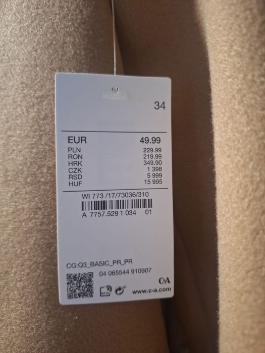 Nowy płaszcz damski 34 brązowy karmelowy