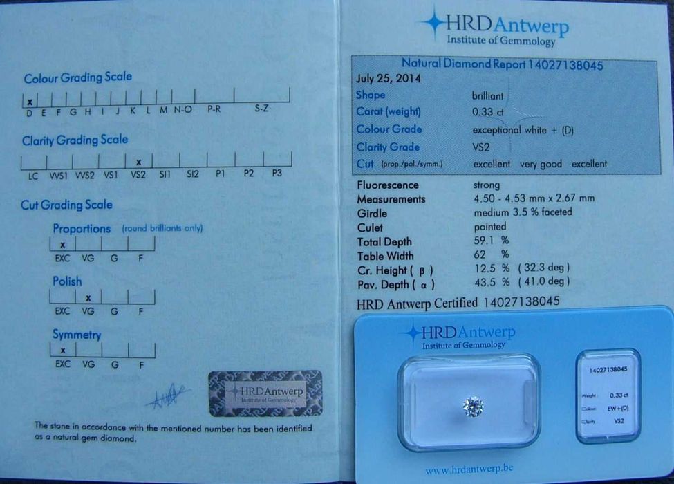 BRYLANT 0.33 ct VS2 D 4,53 mm Certyfikat HRD Diament EX